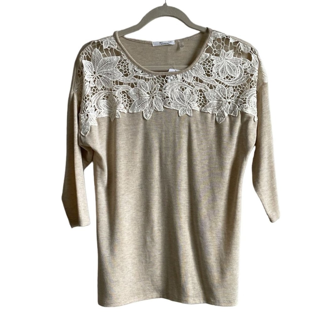 4/$25 89TH & Madison Top Pullover Tan with Floral Lace 3/4 Sleeve NWT Women Sz M